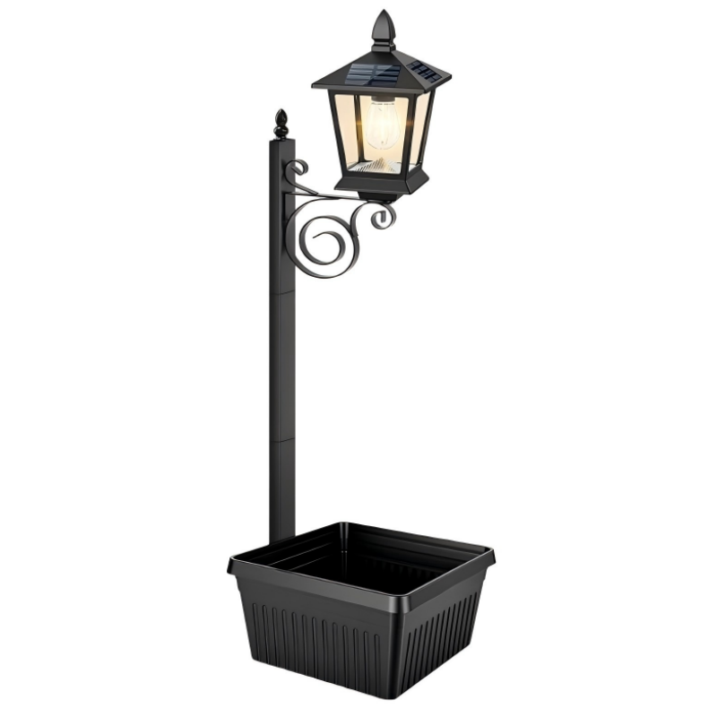 Outdoor Solar Garden Light with Planter Base – Vintage Warm Glow, All-Weather Iron Design & Dual Function 🌸🌙