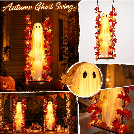 👻Hanging Halloween Ghost on Swing with Remote LED and Maple Leaves