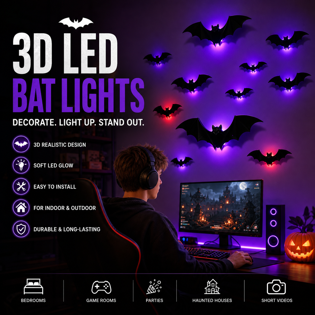 Halloween 3D Bat Decor Stickers Set
