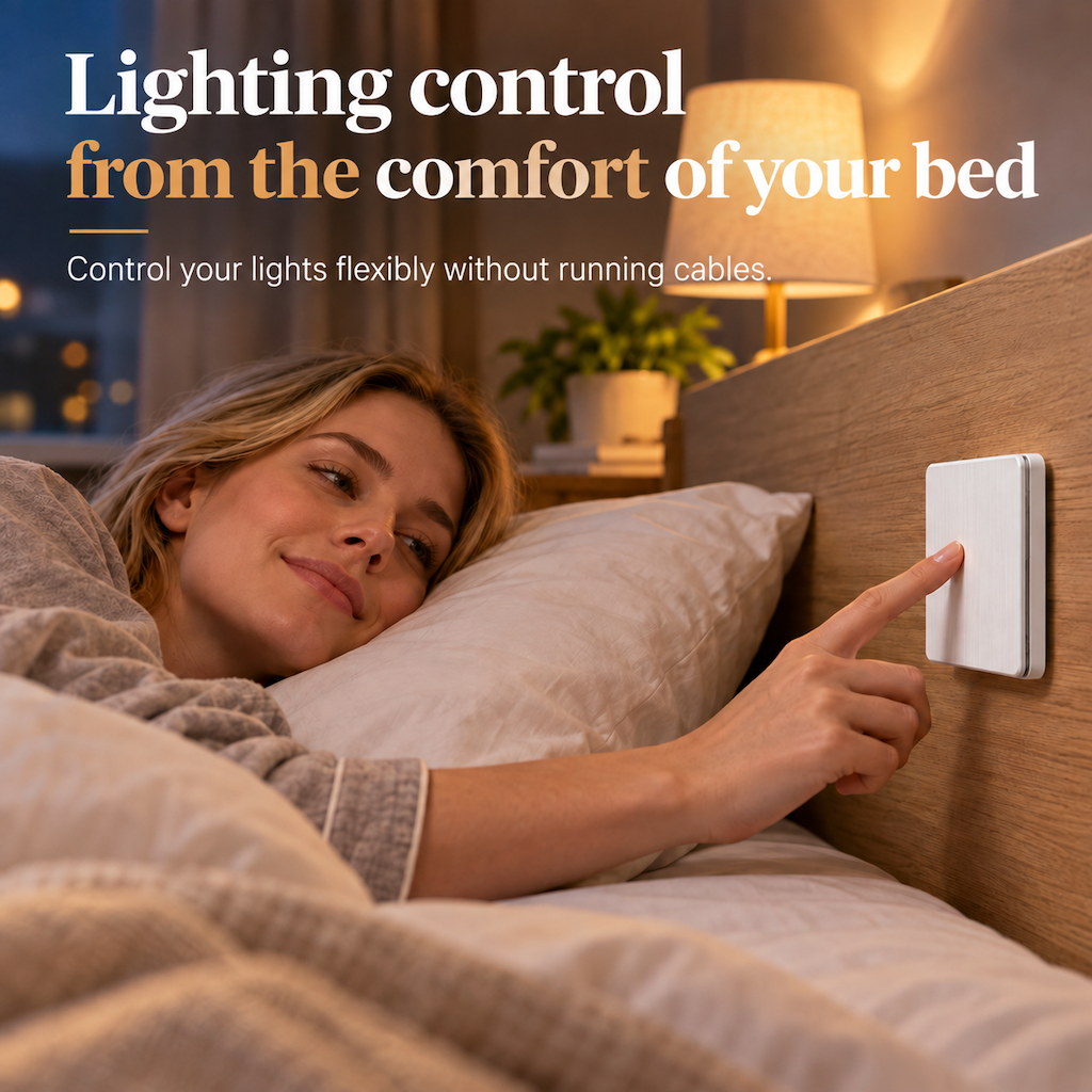 No-Wiring Wireless Light Switch Kit | Self-Adhesive Wall Switch with Receiver, No Drilling for Rental Homes, Bedside & Hallways