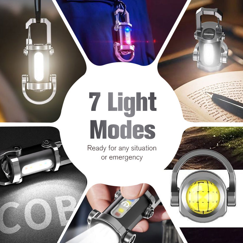 🔦💡 Keychain Flashlight – LED+COB dual light, 7 modes for every need. Ultra-light 29g – clip it on your keys or jacket. Never be caught in the dark again – safe walks, every time! 🚶✅