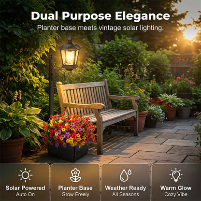 Outdoor Solar Garden Light with Planter Base – Vintage Warm Glow, All-Weather Iron Design & Dual Function 🌸🌙