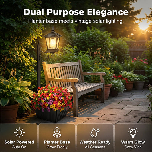 Outdoor Solar Garden Light with Planter Base – Vintage Warm Glow, All-Weather Iron Design & Dual Function 🌸🌙