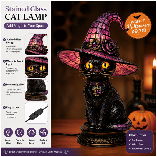 💥 Gothic Halloween Witch and Cat Table Lamp