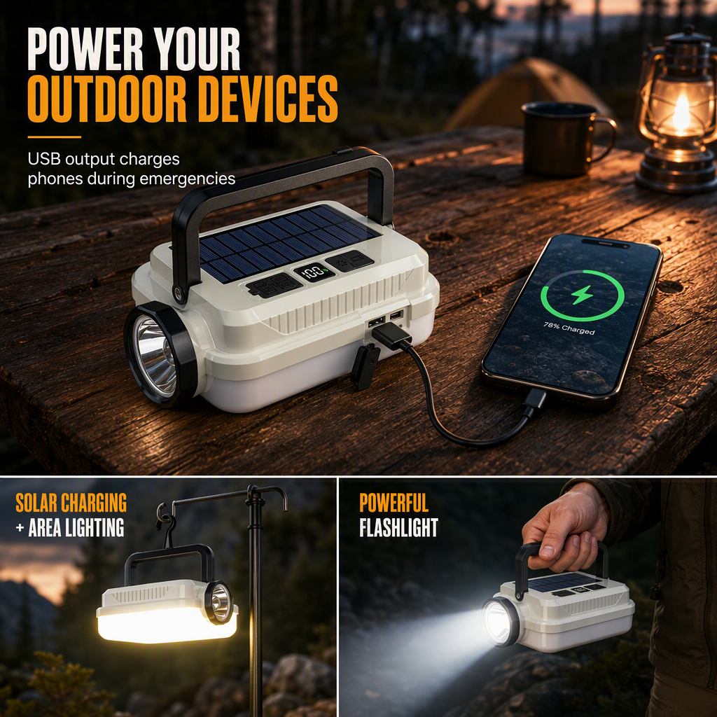 🏕️ Multi-Functional — Lantern, Work Light & Device Charger