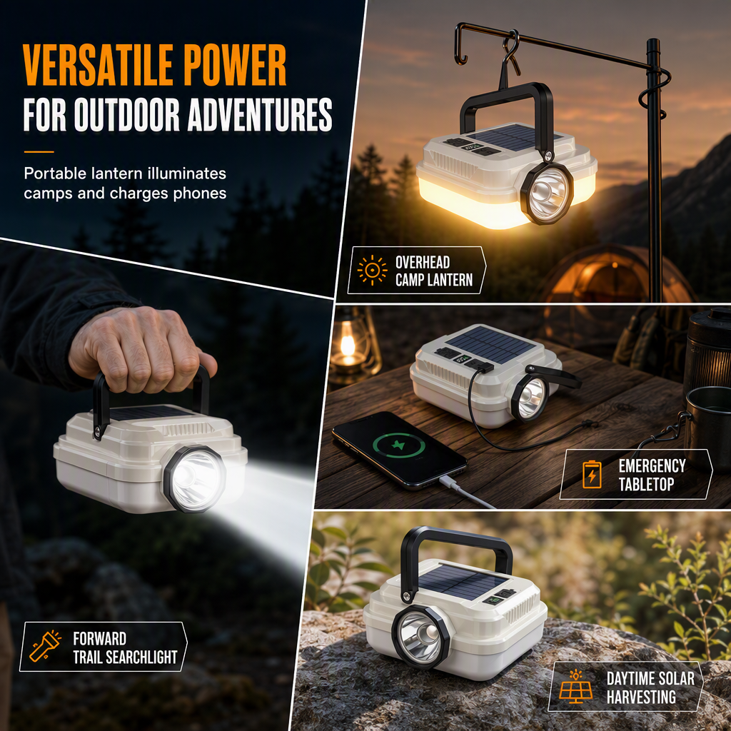🏕️ Multi-Functional — Lantern, Work Light & Device Charger