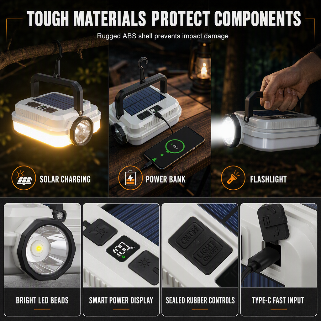 🏕️ Multi-Functional — Lantern, Work Light & Device Charger