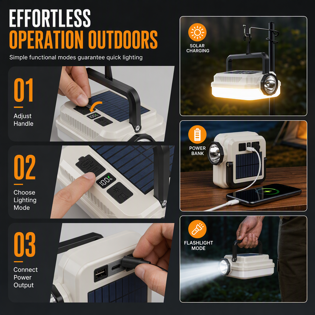 🏕️ Multi-Functional — Lantern, Work Light & Device Charger