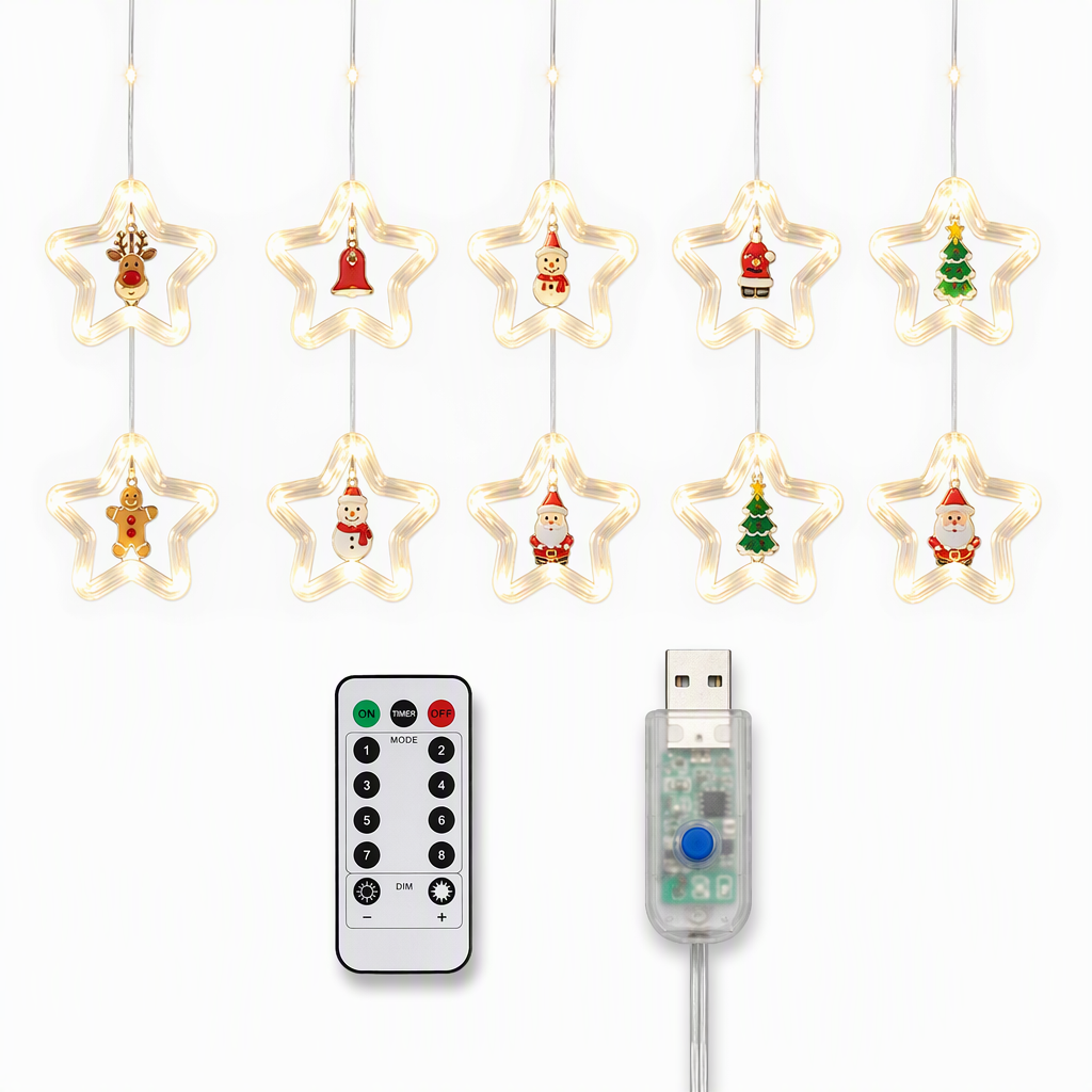 LED Christmas Icicle String Lights USB Powered Star and Christmas Tree Ring Hanging Lights for Holiday Window Decoration