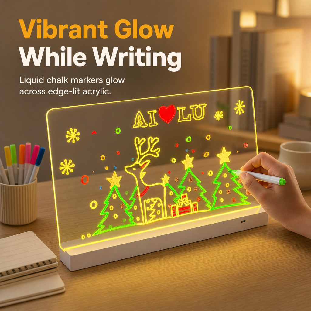Rechargeable LED Light Up Acrylic Dry Erase Board Desktop Erasable Glowing Note Board with Stand for Message and Price Display