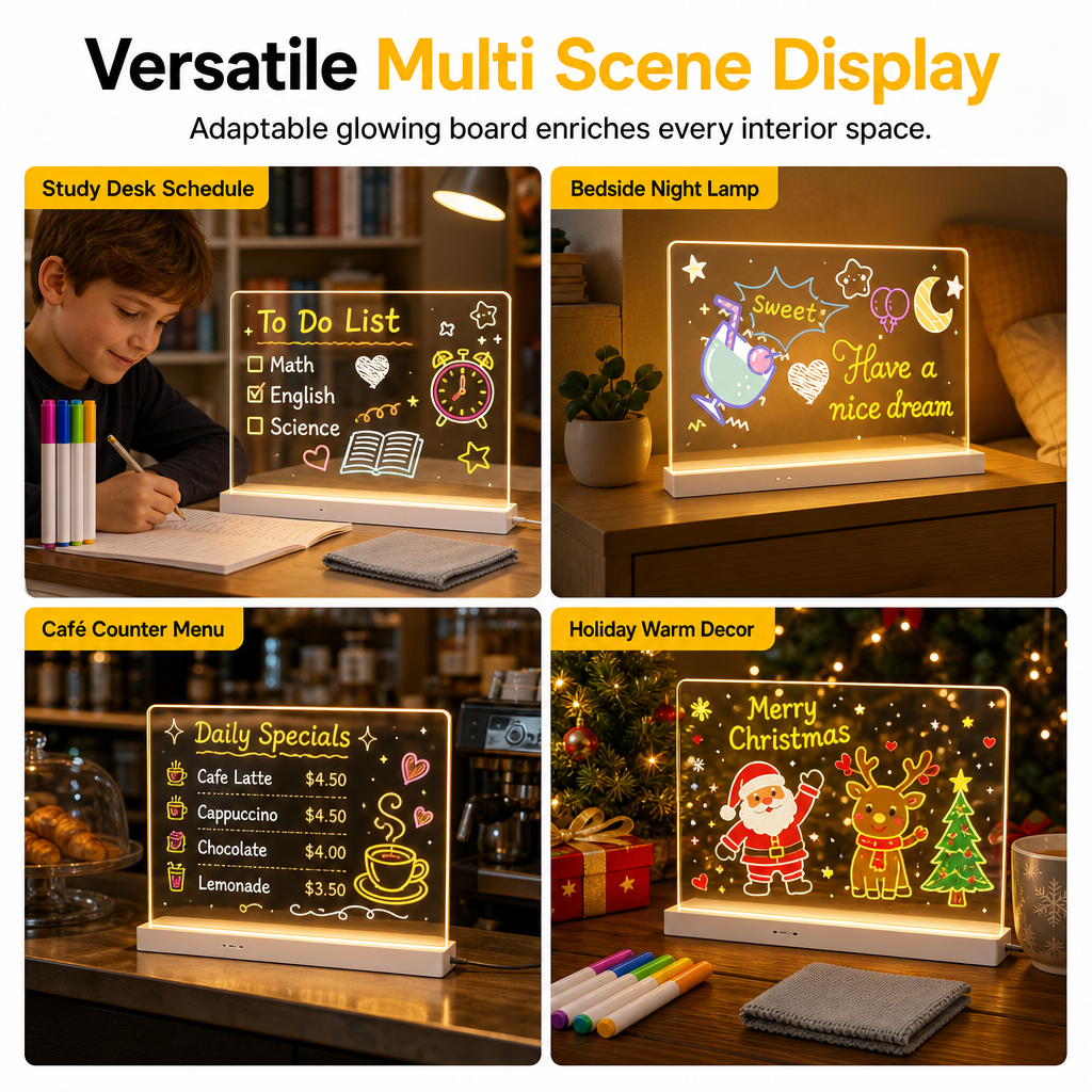 Rechargeable LED Light Up Acrylic Dry Erase Board Desktop Erasable Glowing Note Board with Stand for Message and Price Display