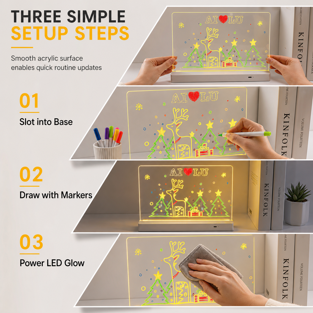 Rechargeable LED Light Up Acrylic Dry Erase Board Desktop Erasable Glowing Note Board with Stand for Message and Price Display